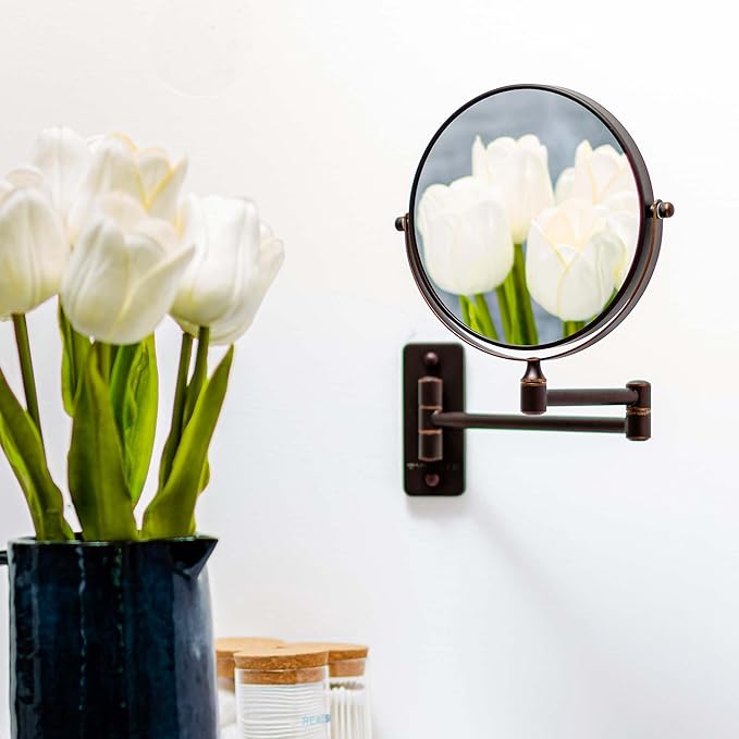 OVENTE 7" Wall Mounted Makeup Mirror with 1X/7X Magnification, Double Sided Magnifying Round Bathroom Vanity Mirror, 360° Swivel Design, Extendable and Folding Arm, Antique Bronze MNLFW70ABZ1X7X