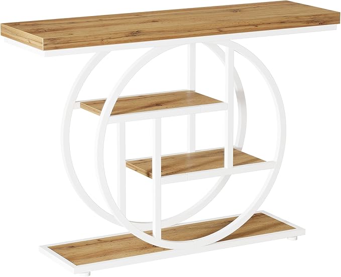 Tribesigns 41.3" Console Table, Industrial 4-Tier Sofa Table Entryway Table with Circle Base, Narrow Wood Accent Tables with Storage Shelves for Living Room, Hallway, Foyer, Brown White