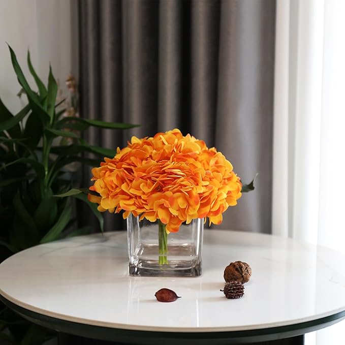 Silk Hydrangea Artificial Flowers in Vase with Faux Water, Silk Flower Arrangements in Vase for Wedding, Dining Table, Living Room (Orange)