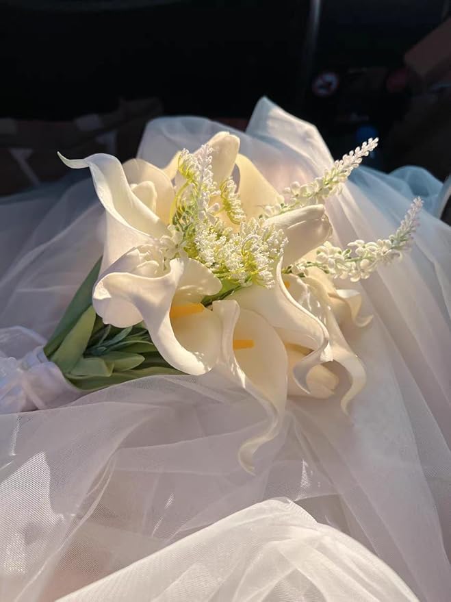Tulips Calla Lily Artificial Flowers | Real Touch |Bridal Bouquet | Wedding Bouquet Home Décor Party (White) (White 1 Bouquet)
