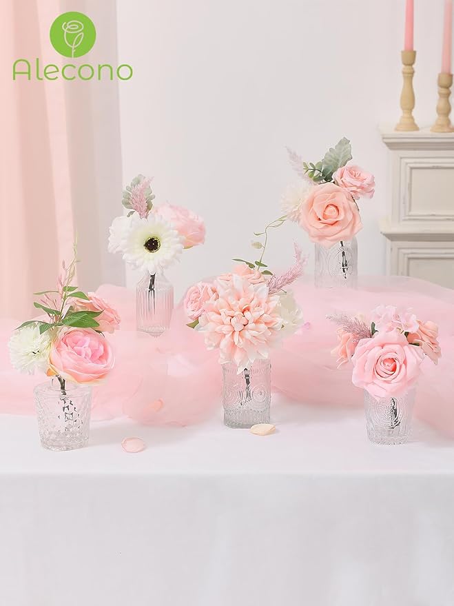 Alecono Artificial Flowers, Pink Fake Flowers Combo Box with Stems for DIY Wedding Bridal Bouquets, Cake Party Table Centerpieces Home Decor
