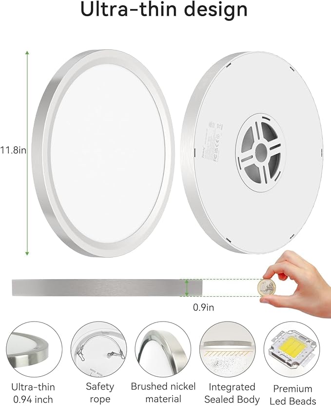 zemty LED Ceiling Light Brushed Nickel - 12In 28W 3200lm Silver Flush Mount Ceiling Light with 3 Color Temperature 3000K/4500K/6000K - Round Flat Light Fixture for Kitchen Bathroom Shower