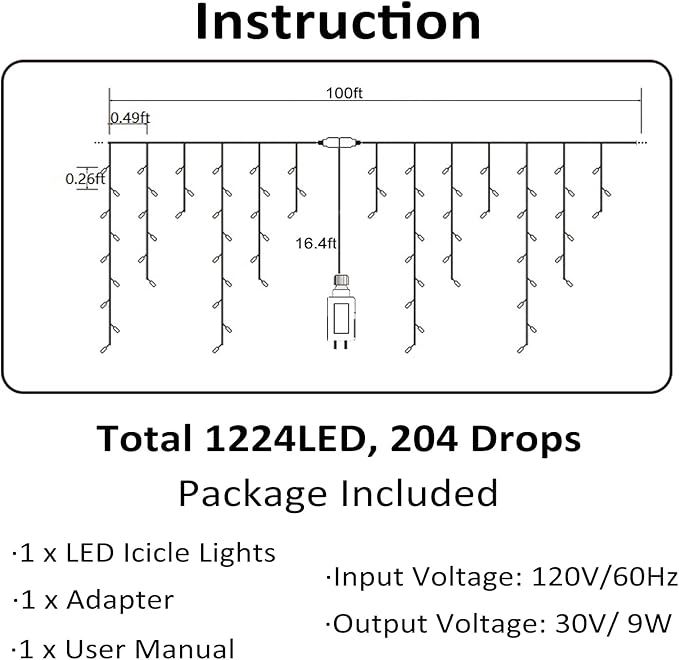 Toodour Christmas Icicle Lights Outdoor, 1224 LED 100ft 8 Modes Fairy Icicle String Light with 204 Drops, Led Christmas Lights Twinkle for Holiday, Party, Wedding, Eaves, Xmas Decorations (Warm White)