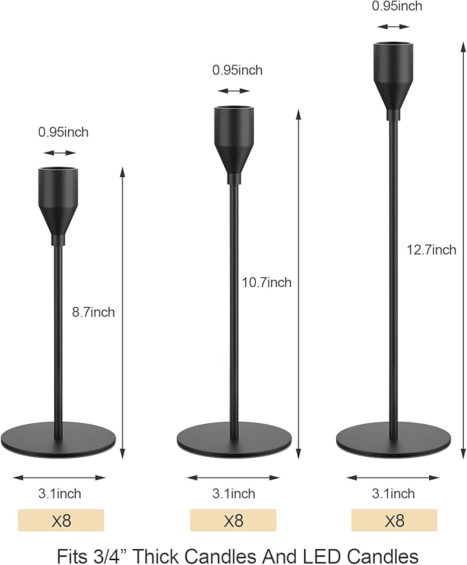 Black Taper Candle Holders Set of 24 Candlestick Holders Bulk, Metal Candle Stick Holder Decor for Wedding, Dinning, Xmas Party or Anniversary, Fits 3/4 Inch Thick Candle