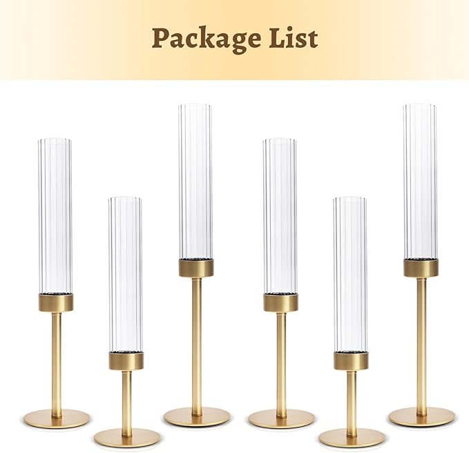 Gold Hurricane Glass Candle Holders: Cadhodenm Tall Glass Candlestick Holder for Wedding Set of 6 Brass Taper Candle Holders Modern Candle Sticks Holder for Table Centerpiece Party Holiday Decor