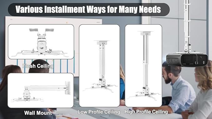 2-Be-Best Projector Ceiling Mount Wide Pipe Universal 3-in-1 Projector Wall Mount Bracket with Adjustable Arm, Flush Mount Option, Built-in Cable Management for Office Home White