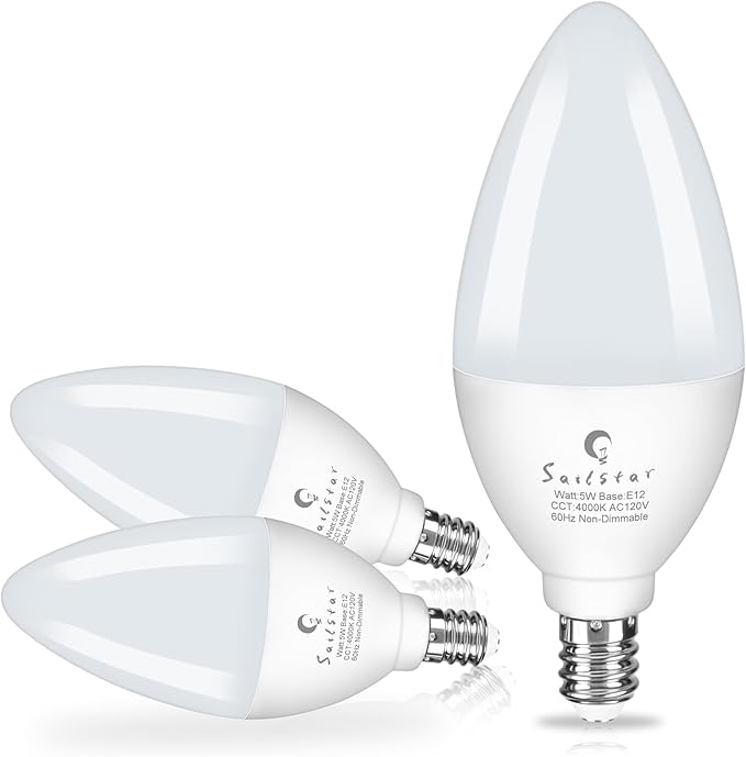 Sailstar Candelabra Light Bulbs 60 Watt Equivalent, 4000K Natural Daylight, 5W E12 Small Base Type B LED Bulbs, 500 Lumens, Chandelier Ceiling Fan Light Bulbs, CRI 85, Non-dimmable, Pack of 3