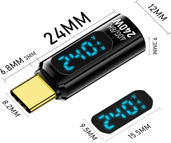 2 Pack USB C Adapter with Digital Display, PD 240W USB-C Male to Female Connector for iPhone 15 Series, iPad, MacBook, Support Voltage, Current and Power Smart LED Display (Black)