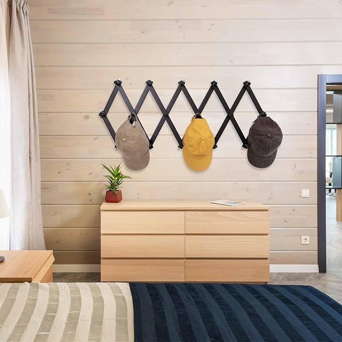 Accordion Wall Hanger with 16 Hooks, Wooden Wall Expandable Coat Rack for Coat, Hats, Baseball Caps, Coffee Mug, Jewelry(Black)