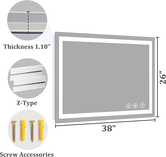Koonmi 26x38 LED Bathroom Mirror, Backlit + Front Lit, LED Bathroom Mirror with Lights for Wall, 3 Colors, Anti-Fog, Dimmable Brightness, Memory Function, Tempered Glass