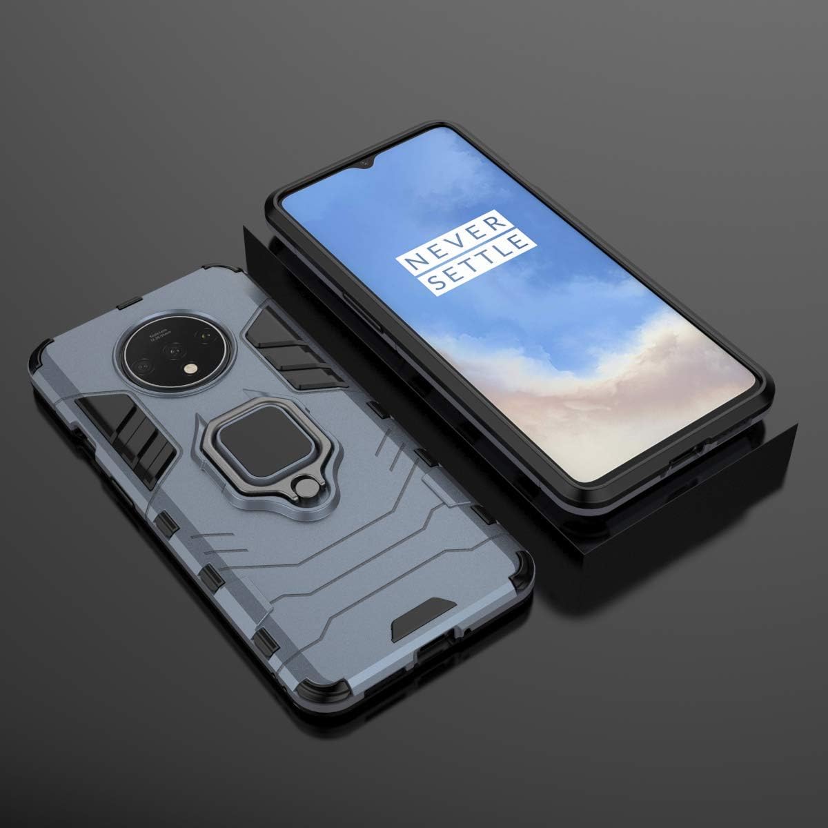 LuluMain Metal Ring Grip Kickstand Case for OnePlus 7T, Shockproof Hard Bumper, Dual Layer Rugged Cover, Navy Blue