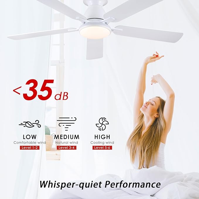 Ceiling Fans with Lights- 52" RGB Low Profile Indoor Ceiling Fan with Light and Remote/APP Control, Flush Mount, LED Dimmable DC Reversible Modern Ceiling Fan for Bedroom(White)