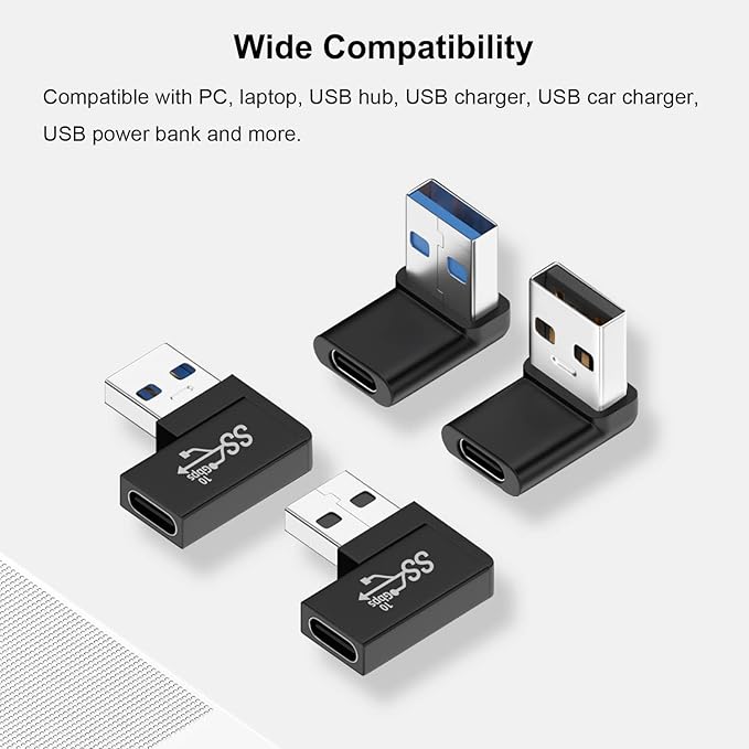 90 Degree USB to USB C Adapter (4 Pack), Vertical Up and Down Angle, Horizontal Left and Right Angle USB A Male to Type C Female Extender Connector