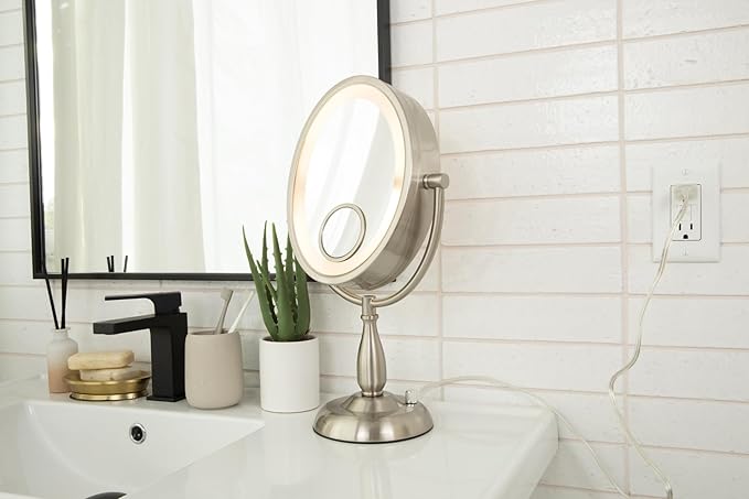 JERDON Lighted Makeup Mirror with 10X-1X Magnification & 15X Spot Mirror - Nickel Finish - Model HL9510NL