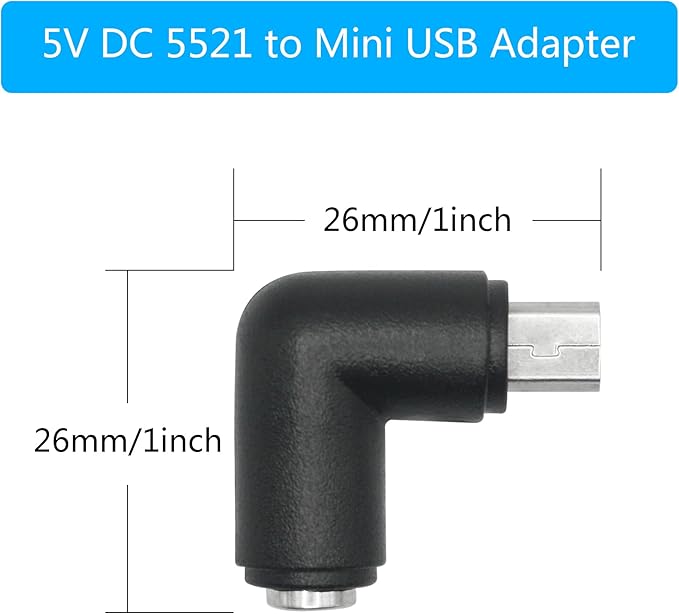 4Pcs DC 5.5mm x 2.1mm to Mini USB Adapter, 90 Degree Right Angle DC 5521 Female to Mini USB Male Plug Convert Connector 5V Power Supply Adapter