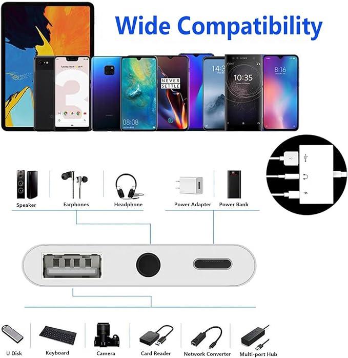 USB C to USB Adapter for MacBook, 3-in-1 USB C to USB-A OTG Splitter with 3.5mm Audio Jack and PD Fast Charging Port Compatible with iPhone 15, iPad Pro, Samsung Galaxy S23