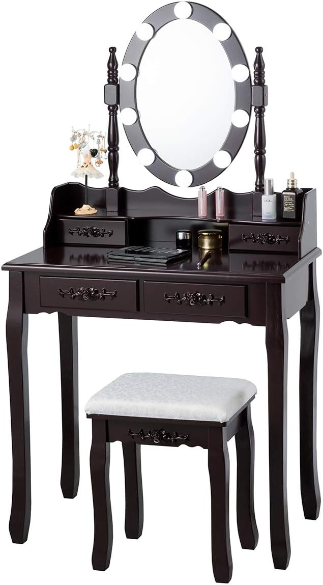 Giantex Makeup Vanity Table with 10 LED Lights, Adjustable Brightness, 3 Color Light Modes, 4 Drawers, Rotatable Mirror, Cushioned Stool, Vanity Desk Dressing Table Bedroom Furniture (Espresso)
