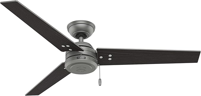 Hunter 52 inch Outdoor or Indoor Ceiling Fan No Light - Silver Ceiling Fan without Light, For Patio, Porch, Garage, or Living Room, Standard Mount, 3 Blades, Pull Chain - Cassius 59262, Matte Silver