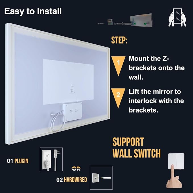 LED Bathroom Mirror 60"x 40",Front Lit and Backlit Bathroom Mirror with Lights,Stepless Dimmable,Anti-Fog, Shatter-Proof, Memory, 3 Colors Lighted Vanity Mirror (Horizontal/Vertical)