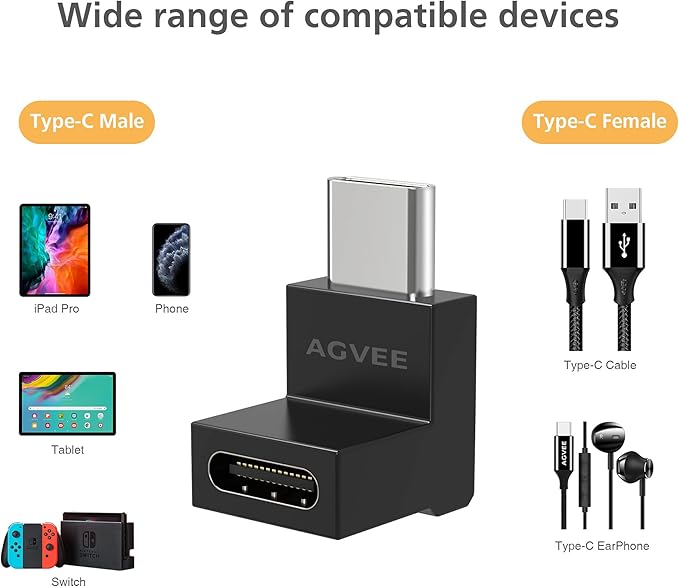 AGVEE 4 Pack Front Angle 90 Degree USB-C Male to USB-C Right Angled Female Adapter (Type-C 3.2 Gen 2) Converter Video Type-C 10G Data Extension Coupler Converter Connector, Black