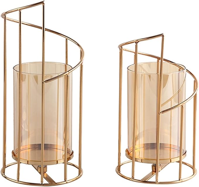 MrMrKura Metal Wire Candle Holder Set of 2, Glass Pillar Candle Holders Gold Decorative Tea Light Candleholders for Home Decor Table Decorations Centerpiece