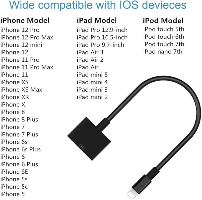 rosyclo Lightning to 30-Pin Adapter, MFi Certified 8-Pin Male to 30 Pin Female Output Cable Converter Charging Cord Connector Compatible iPhone 12/11/X/8/7/6/5/iPad/iPod Black (No Audio)