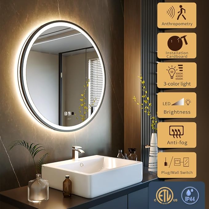 LED Sensor Mirror, Round Human Body Induction, Black Framed Vanity Mirror, Illuminated Dimmable Anti Fog IP44 Waterproof Wall Mounted Mirror (Human Sensor, 36"*36")