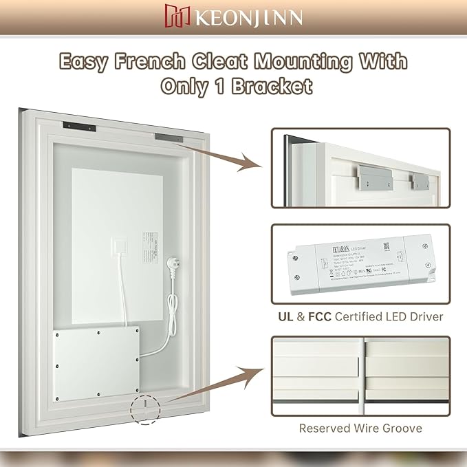 Keonjinn LED Mirror for Bathroom 20" x 28" with Frontlit and Backlit, Stepless 3 Colors Temperature & Dimmable, Double Light Strips, Tempered Glass, UL Listed LED Driver, Anti fog Frameless LED Mirror