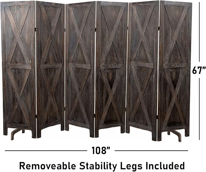 Premium Home 6-Panel Room Divider – Rustic Brown Barn Door, X Pattern Folding Privacy Screen, Partition Wall
