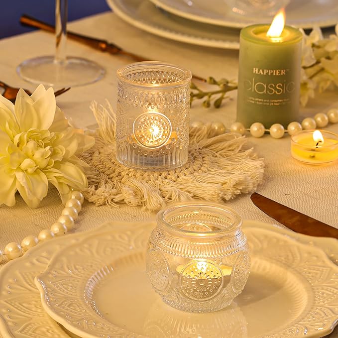 DARJEN 48Pcs Clear Votive Candle Holders - Glass Tea Light Candle Holder, Candle Holders Bulk, Embossed Candle Votives for Wedding Centerpiece & Home Decor
