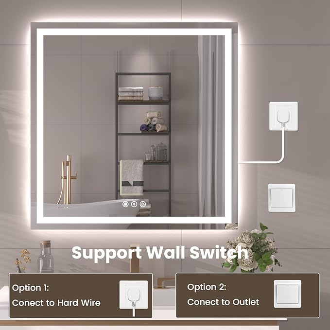 40"X30" LED Bathroom Mirror with Front Lights and Backlit, Anti-Fog, Dimmable, Shatter-Proof Tempered Glass, Lighted Bathroom Vanity Mirror for Wall with 3 Colors, Memory Function