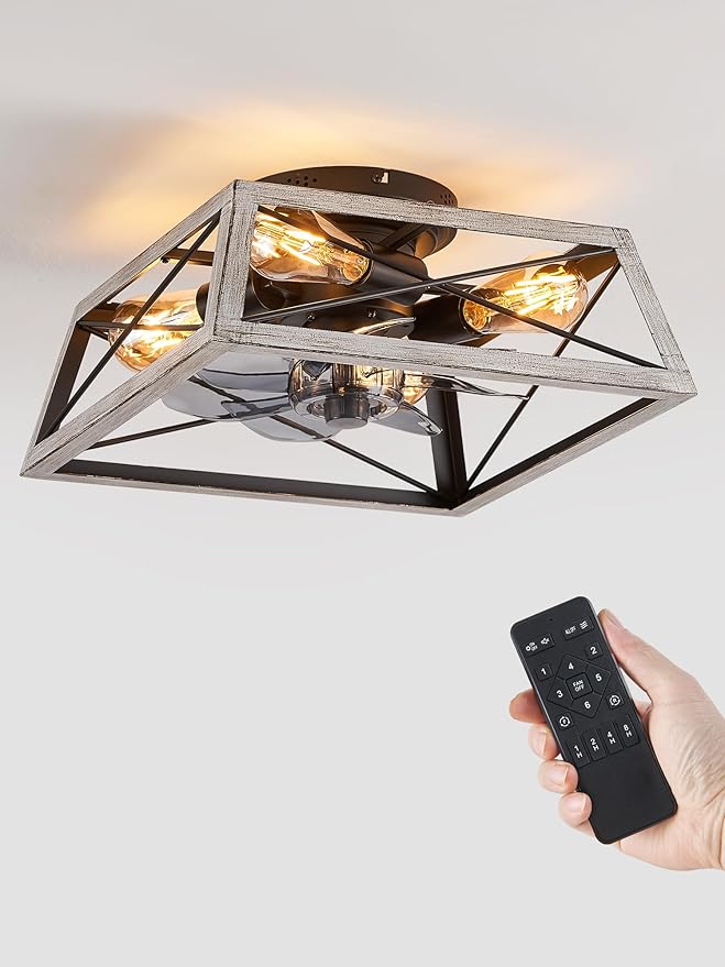 LEDIARY Ceiling Fans With Lights Remote Control, 22 Inch Farmhouse Caged Flush Mount Ceiling Fan Low Profile, Small Industrial Rustic Quiet Ceiling Fan With Remote For Bedroom, Kitchen, Indoor Home