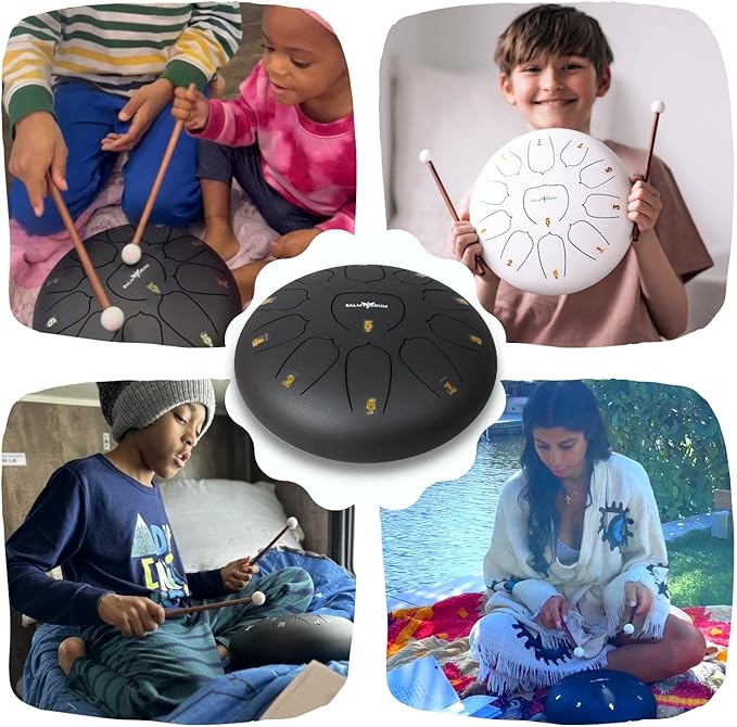 The Balmy Drum - 11 Note 10 Inch Steel Tongue Drum, Steel Drum Instrument, Drums For Children and Adults, Balmy Drum Set for Kids with Music Book, Handpan, Mallet and Carry Bag (Black)