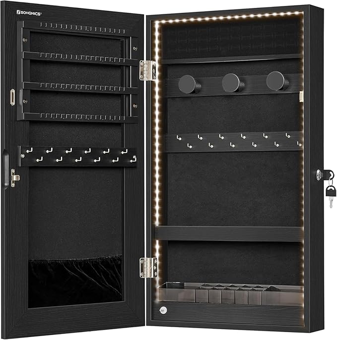SONGMICS Mirror Jewelry Cabinet Armoire with Built-in LED Lights, Wall or Door Mounted Jewelry Storage Organizer, 3.8 x 14.6 x 26.4 Inches Hanging Mirror Cabinet, Gift Idea, Black UJJC050B01