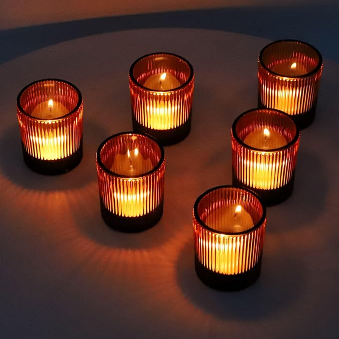 VOHO Amber Candle Holders for Votive Candles/Tea Lights Candles, Ribbed Votive Candle Holders for Table Centerpiece, 12pcs Tealight Candle Holder Decor for Thanksgiving & Christmas
