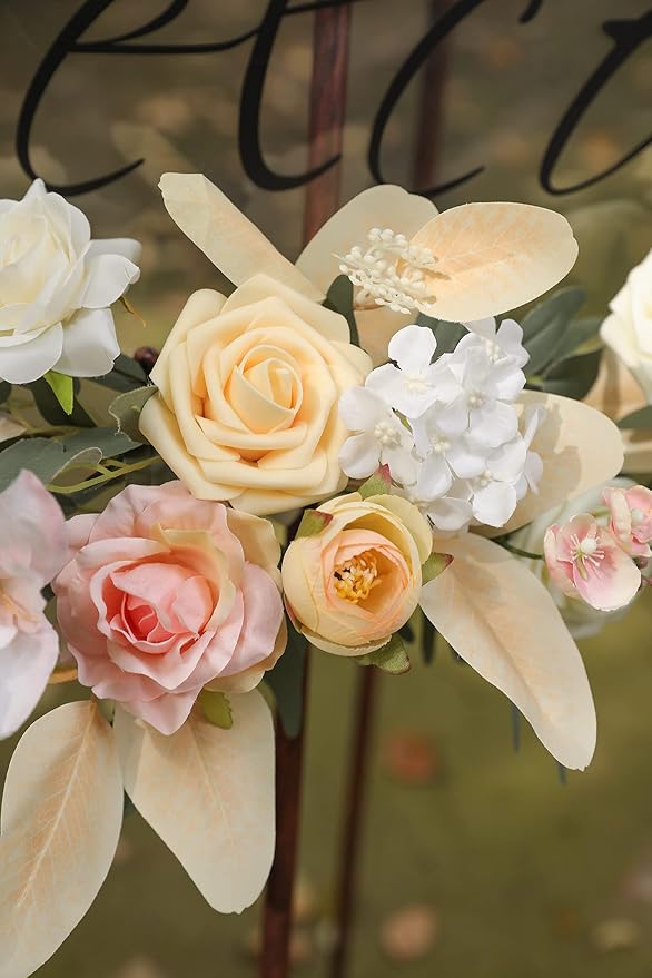 Artificial Flowers Combo Box Set Faux Fake Flower Leaf with Stems Arrangements for DIY Wedding Bouquets Party Table Centerpieces Home Decorations Yellow Pink