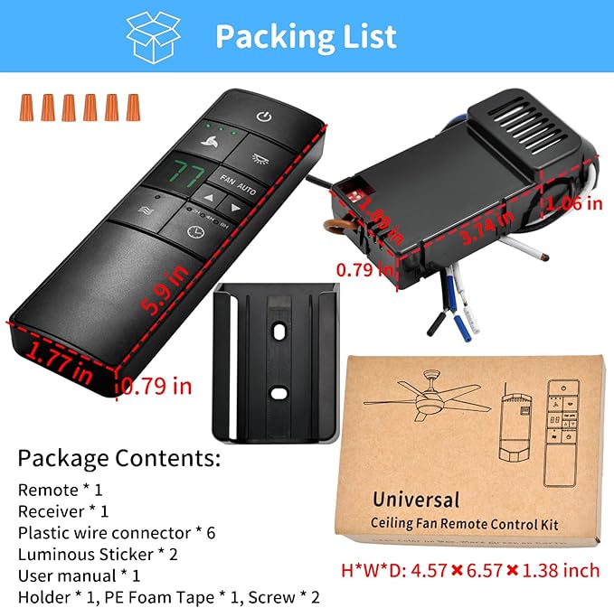 Universal Thermostatic Ceiling Fan Remote Control Kit with Holder for Hampton Bay Home Decorators Collection Hunter,Multiple Speed Control Timer Light Dimming,Replacement for HD3 2AAZPHD3 TR222A TX031