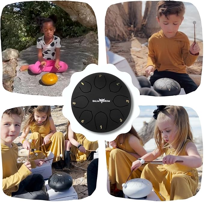 The Balmy Drum - 8 Note 6 Inch Steel Tongue Drum, Steel Drum Instrument, Drums For Children and Adults, Balmy Drum Set for Kids with Music Book, Handpan, Mallet and Carry Bag (Black)