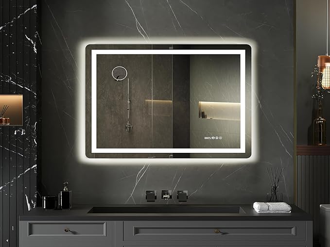 YITAHOME 40 x 32 Inches LED Bathroom Mirror, Front Light and Backlit, Motion Sensor, 10X Magnifying Glass, 3 Colors Dimmable, 5mm Tempered Glass, Anti-Fog, Wall Mounted Mirror-Horizontally Only