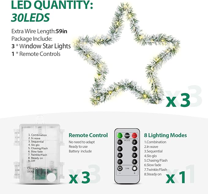 MAOYUE Christmas Window Lights 3 Pack Christmas Star Lights with Snow Pine Leaves Battery Operated Christmas Lights for Outdoor Christmas Decorations, Window, Indoor, Door, Porch, Party, Warm White