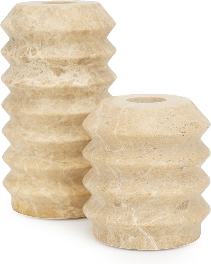 WORHE Candle Holders Italy True Natural Travertine Stone 0.4" Thick Set of 2 Marble Candlestick Holder for Christmas Wedding Dinning Party Candlestick Stand for 3/4 inch Candles Light Brown (WH034)