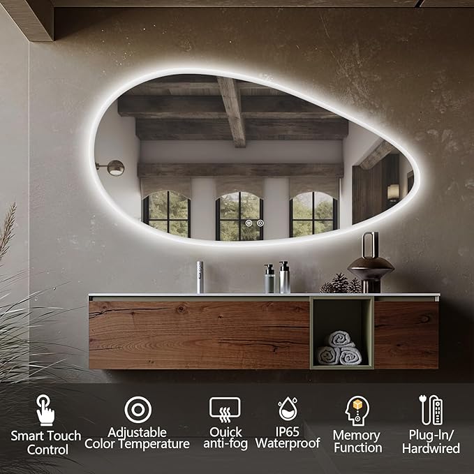 Niccy Irregular LED Bathroom Mirror with Lights, 27x51 Asymmetrical Backlit-Mirror for Wall Mounted, Bathroom Vanity Mirrors with Memory, Dimmable, 3 Colors, Anti-Fog, IP65 Waterproof