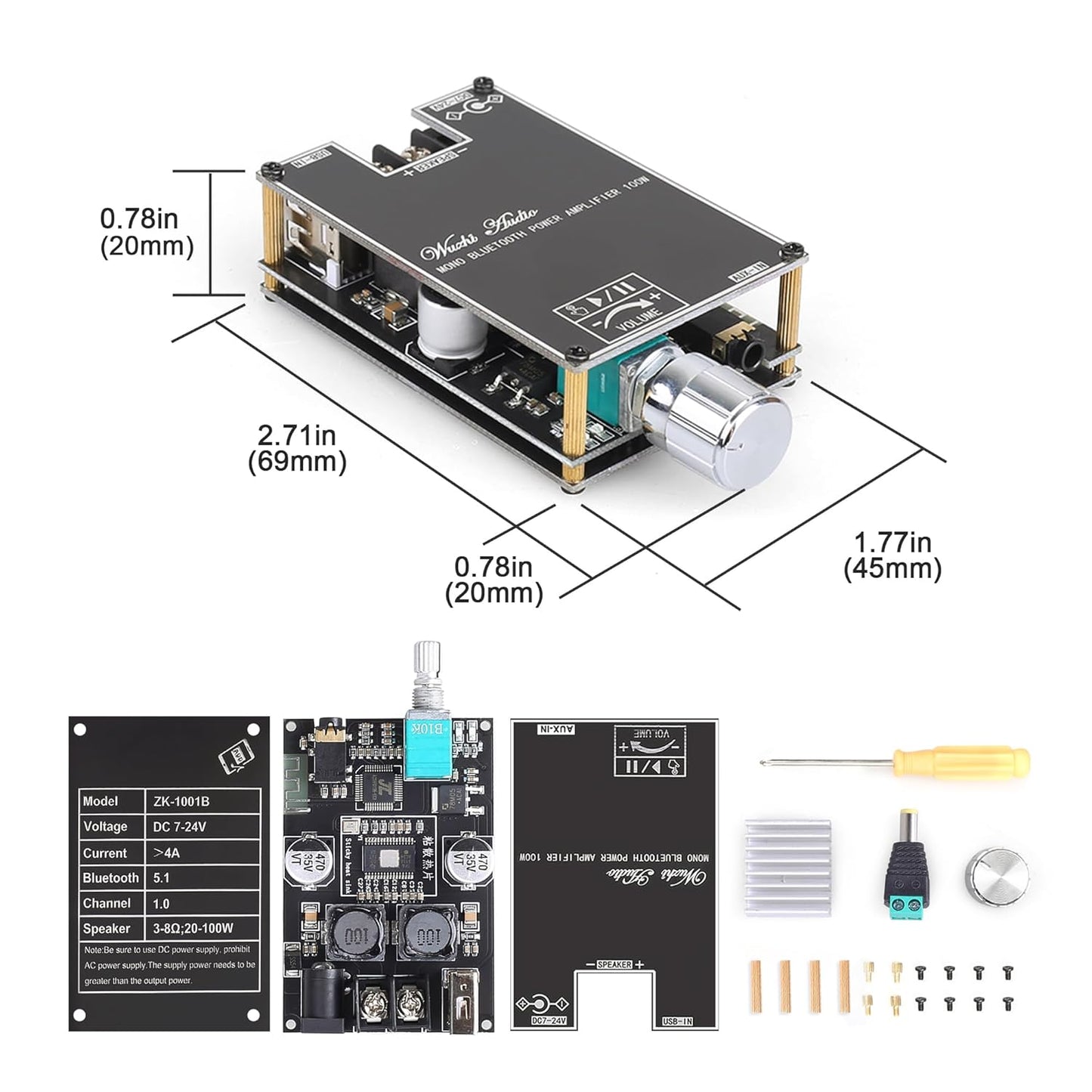ZK-1001B Mono Bluetooth Amplifier Board with TPA316D2 Chip, Wide Voltage Input 12-24V, Peak Output Power 100W, Black