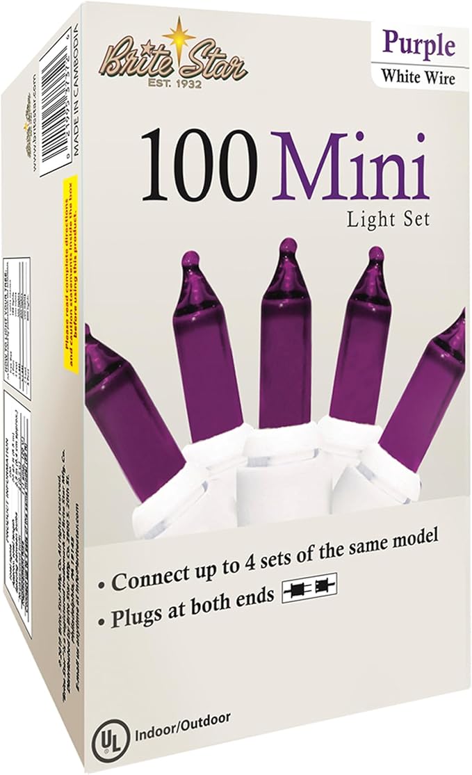 Brite Star 100 Count Mini String Christmas Lights, Purple - 22 feet Indoor/Outdoor Christmas Tree Lights with White Wire