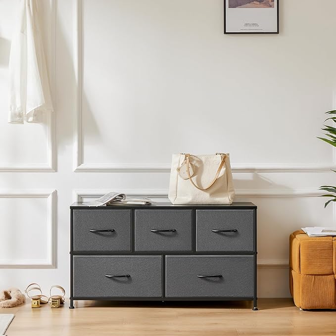 OLIXIS Dresser for Bedroom with 5 Drawers, Wide Chest of Drawers, Fabric Bedroom Dresser with Drawer Organizers, Storage Organizer Unit with Fabric Bins for Closet, Living Room, Hallway