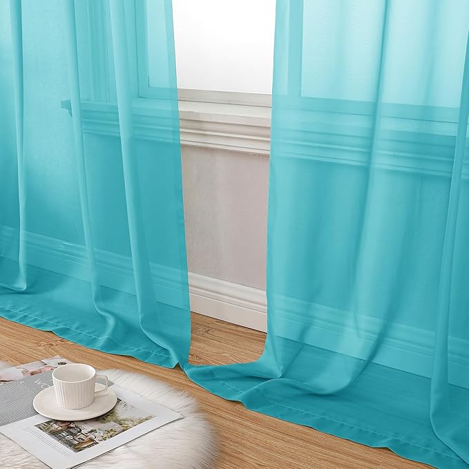 Aiyufeng Turquoise Sheer Curtains 45 Inch Length 2 Panels Set, Light Filtering Airy Rod Pocket Turquoise Window Curtain Treatment Drapes for Kitchen Bedroom Living, Each 42Wx45L Inches