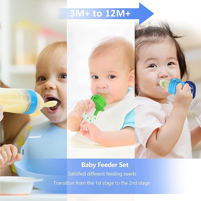 WAJIAYON Baby Fruit Feeder Pacifier - 5 Pack | 2 Baby Food Feeder Pacifier & 1 Infant Food Dispensing Spoon | Fresh Fruit Teethers for Babies | Shower Gifts for Boys and Girls (Blue & Green)