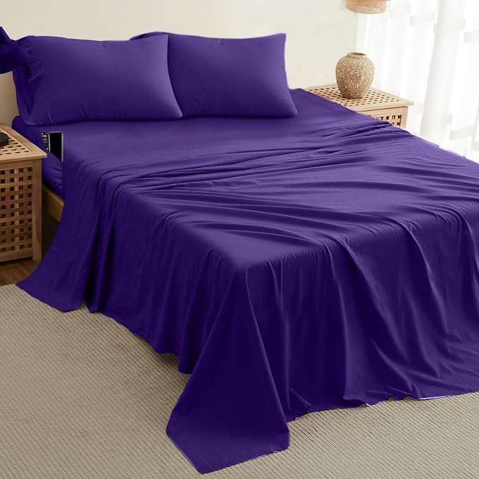 DREAMCARE California King Sheet Sets – 4 pcs Cooling Sheets – up to 21” Deep Cal King Sheets – Hotel Luxury Sheets & Pillowcases – Superior Softness 100% Fine Microfiber with Side Pocket – Purple