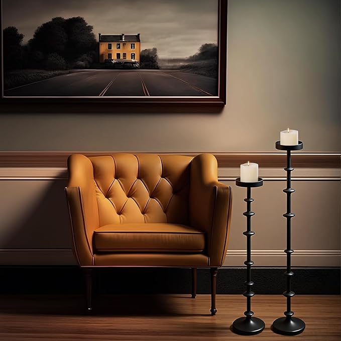 Maxdot Black Metal Pillar Candle Holder 36" 29" Tall Decorative Taper Candle Stand Set of 2 Floor Candlestick Holder Large Metal Black for Christmas Halloween Living Room