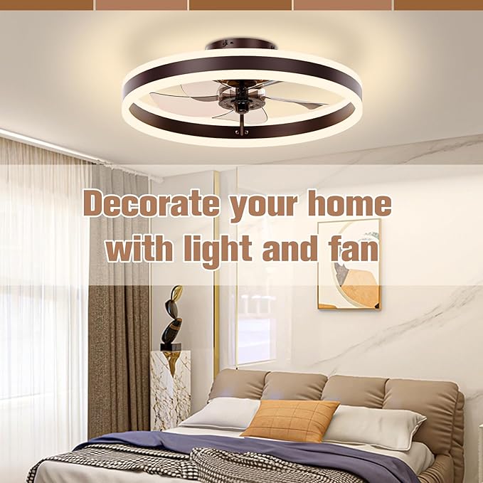 VOLISUN Low Profile Ceiling Fans with Lights and Remote, 19.7in Flush Mount Ceiling Fans with Light, 3000K-6500K Dimmable Fandelier LED Fan Light, Brown Bladeless Ceiling Fans with Lights for Bedroom